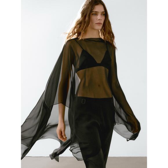 Massimo Dutti Silk Black Long Semi Sheer Silk Cape Shawl Poncho NEW One Size - Picture 1 of 12